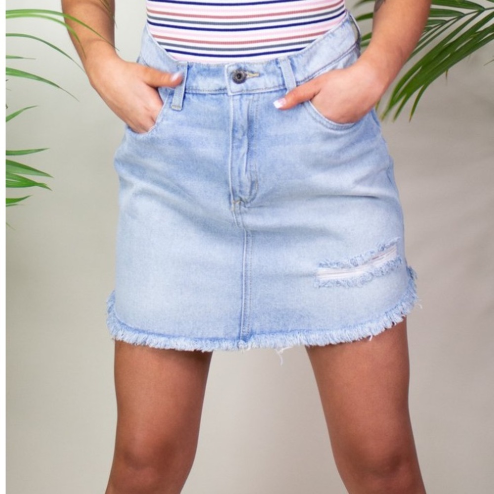High rise, light denim skirt.
